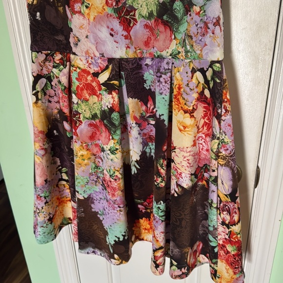 Betsey Johnson Floral Print Fit n Flare Mini Dress Dahlias Fall Flowers Size 14 - Picture 2 of 10
